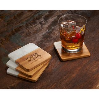 Printwear Marble and Bamboo Coaster Set (Natural/White)