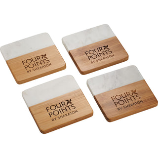 Printwear Marble and Bamboo Coaster Set (Natural/White)