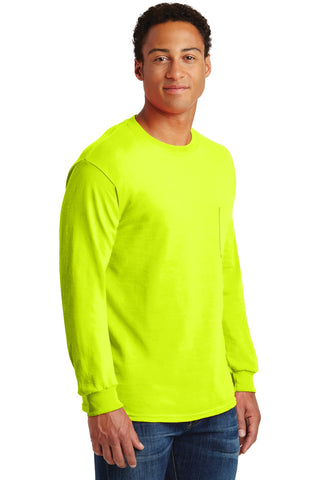 Gildan Ultra Cotton 100% US Cotton Long Sleeve T-Shirt with Pocket (Safety Green)