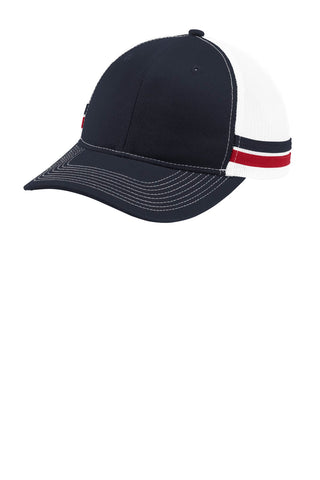 Port Authority Two-Stripe Snapback Trucker Cap (Rich Navy/ Flame Red/ White)