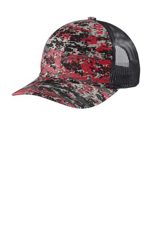 Port Authority Digi Camo Snapback Trucker Cap (Flame Red Digi/ Grey Steel)