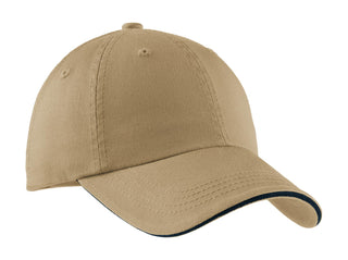 Port Authority Sandwich Bill Cap with Striped Closure (Khaki/ Charcoal Blue)