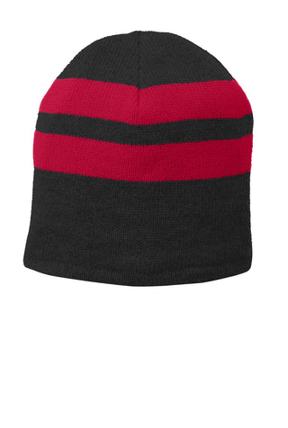 Port & Company Fleece-Lined Striped Beanie Cap (Black/ Athletic Red)