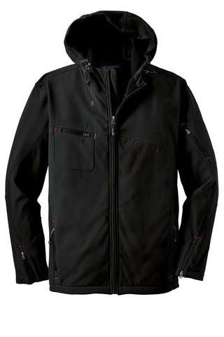 Port Authority Textured Hooded Soft Shell Jacket (Black/ Engine Red)