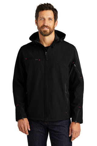 Port Authority Textured Hooded Soft Shell Jacket (Black/ Engine Red)