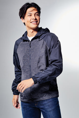 Sport-Tek Heather Colorblock Raglan Hooded Wind Jacket (True Navy Heather/ True Navy)