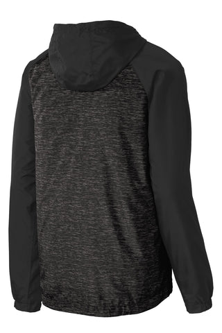 Sport-Tek Heather Colorblock Raglan Hooded Wind Jacket (Black Heather/ Black)