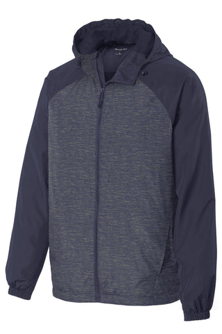 Sport-Tek Heather Colorblock Raglan Hooded Wind Jacket (True Navy Heather/ True Navy)