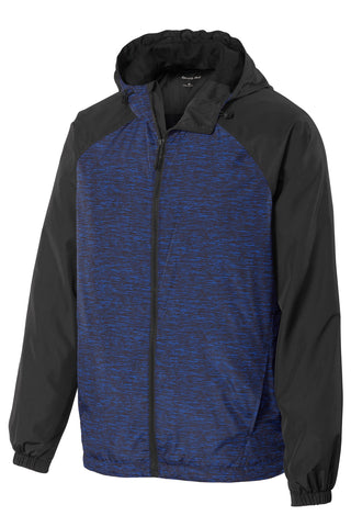 Sport-Tek Heather Colorblock Raglan Hooded Wind Jacket (True Royal Heather/ Black)