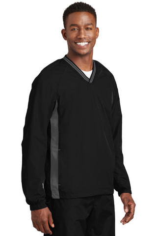 Sport-Tek Tipped V-Neck Raglan Wind Shirt (Black/ Graphite Grey)