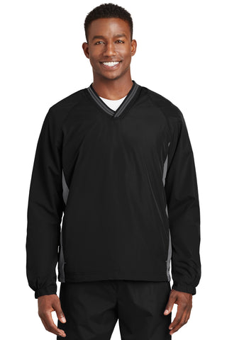 Sport-Tek Tipped V-Neck Raglan Wind Shirt (Black/ Graphite Grey)