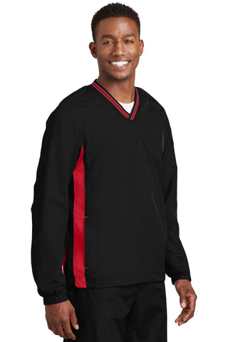 Sport-Tek Tipped V-Neck Raglan Wind Shirt (Black/ True Red)