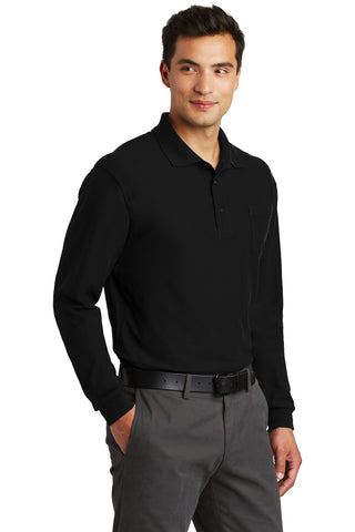 Port Authority Long Sleeve Silk Touch Polo with Pocket (Black)