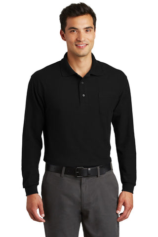 Port Authority Long Sleeve Silk Touch Polo with Pocket (Black)