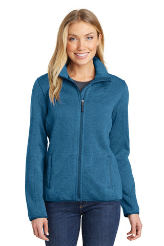 Port Authority Ladies Sweater Fleece Jacket (Medium Blue Heather)