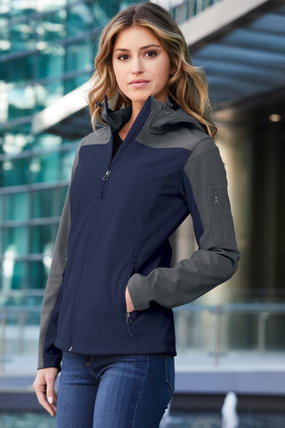 Port Authority Ladies Hooded Core Soft Shell Jacket (Dress Blue Navy/ Battleship Grey)