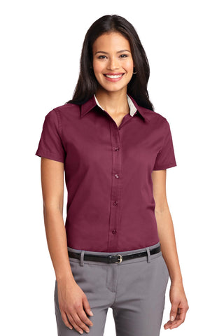 Port Authority Ladies Short Sleeve Easy Care Shirt (Burgundy/ Light Stone)