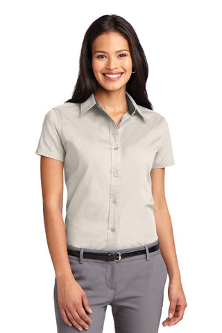 Port Authority Ladies Short Sleeve Easy Care Shirt (Light Stone/ Classic Navy)