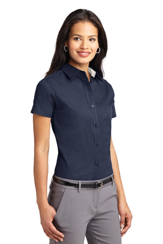 Port Authority Ladies Short Sleeve Easy Care Shirt (Navy/ Light Stone)