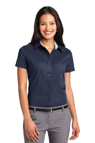 Port Authority Ladies Short Sleeve Easy Care Shirt (Navy/ Light Stone)