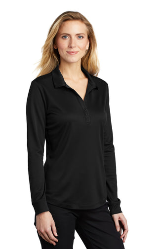 Port Authority Ladies Silk Touch Performance Long Sleeve Polo (Black)