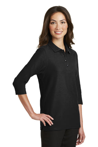 Port Authority Ladies Silk Touch 3/4-Sleeve Polo (Black)