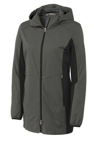 Port Authority Ladies Active Hooded Soft Shell Jacket (Grey Steel/ Deep Black)