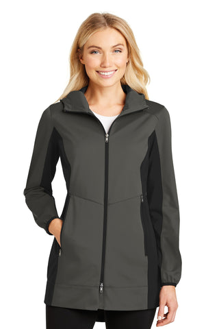 Port Authority Ladies Active Hooded Soft Shell Jacket (Grey Steel/ Deep Black)
