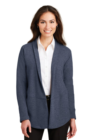 Port Authority Ladies Interlock Cardigan (Estate Blue Heather/ Charcoal Heather)