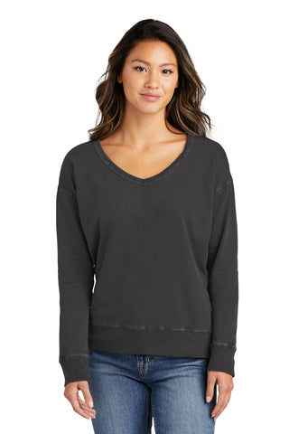 Port & Company Ladies Beach Wash Garment-Dyed V-Neck Sweatshirt (Coal)