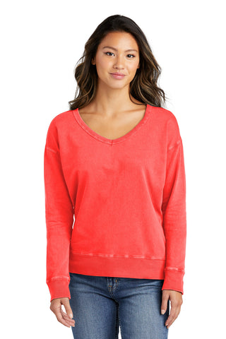 Port & Company Ladies Beach Wash Garment-Dyed V-Neck Sweatshirt (Poppy)