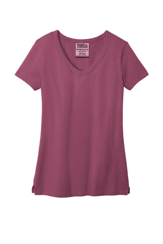 Port & Company Ladies Beach Wash Garment-Dyed V-Neck Tee (Vintage Raspberry)