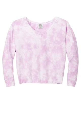 Port & Company Ladies Beach Wash Cloud Tie-Dye V-Neck Sweatshirt (Cerise Pink)