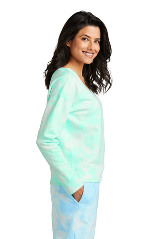 Port & Company Ladies Beach Wash Cloud Tie-Dye V-Neck Sweatshirt (Cool Mint)