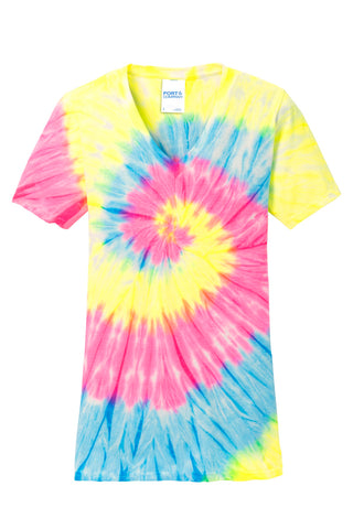 Port & Company Ladies Tie-Dye V-Neck Tee (Neon Rainbow)