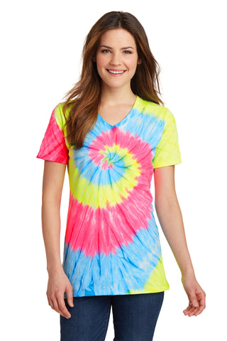 Port & Company Ladies Tie-Dye V-Neck Tee (Neon Rainbow)