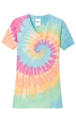 Port & Company Ladies Tie-Dye V-Neck Tee (Pastel Rainbow)