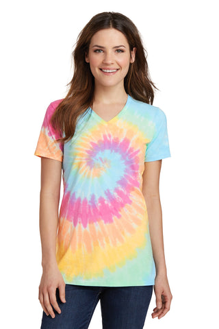 Port & Company Ladies Tie-Dye V-Neck Tee (Pastel Rainbow)