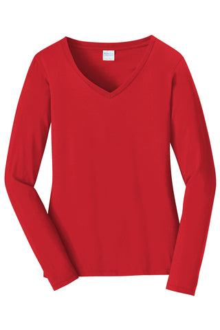 Port & Company Ladies Long Sleeve Fan Favorite V-Neck Tee (Bright Red)