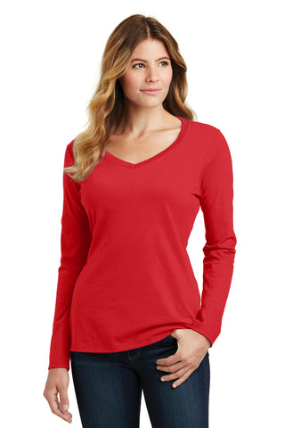 Port & Company Ladies Long Sleeve Fan Favorite V-Neck Tee (Bright Red)