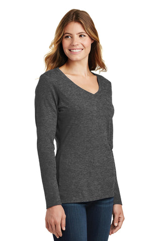 Port & Company Ladies Long Sleeve Fan Favorite V-Neck Tee (Dark Heather Grey)