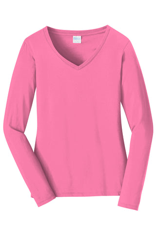 Port & Company Ladies Long Sleeve Fan Favorite V-Neck Tee (New Pink)