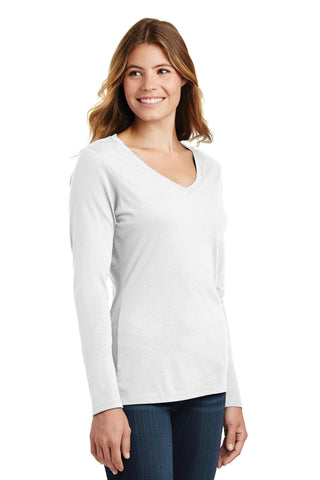 Port & Company Ladies Long Sleeve Fan Favorite V-Neck Tee (White)