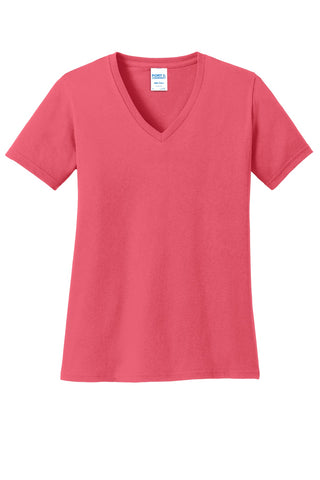 Port & Company Ladies Core Cotton V-Neck Tee (Coral)