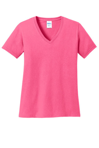 Port & Company Ladies Core Cotton V-Neck Tee (Neon Pink)