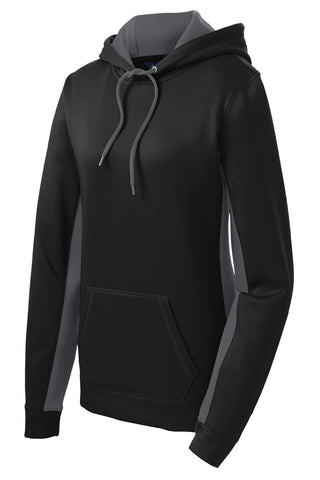 Sport-Tek Ladies Sport-Wick Fleece Colorblock Hooded Pullover (Black/ Dark Smoke Grey)