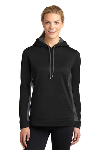 Sport-Tek Ladies Sport-Wick Fleece Colorblock Hooded Pullover (Black/ Dark Smoke Grey)