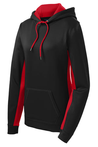 Sport-Tek Ladies Sport-Wick Fleece Colorblock Hooded Pullover (Black/ Deep Red)