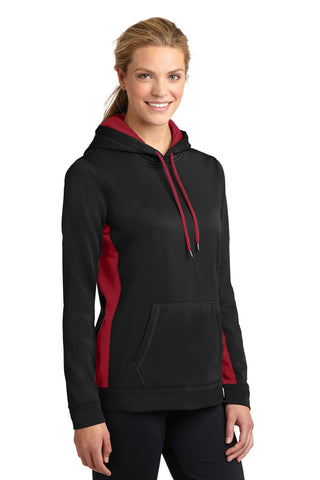 Sport-Tek Ladies Sport-Wick Fleece Colorblock Hooded Pullover (Black/ Deep Red)
