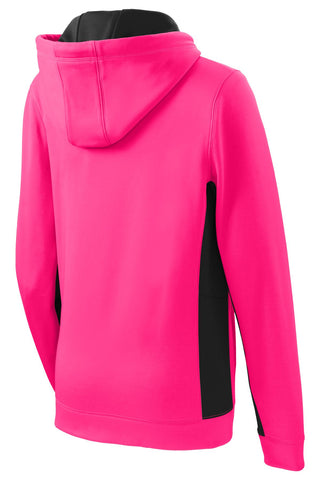 Sport-Tek Ladies Sport-Wick Fleece Colorblock Hooded Pullover (Neon Pink/ Black)